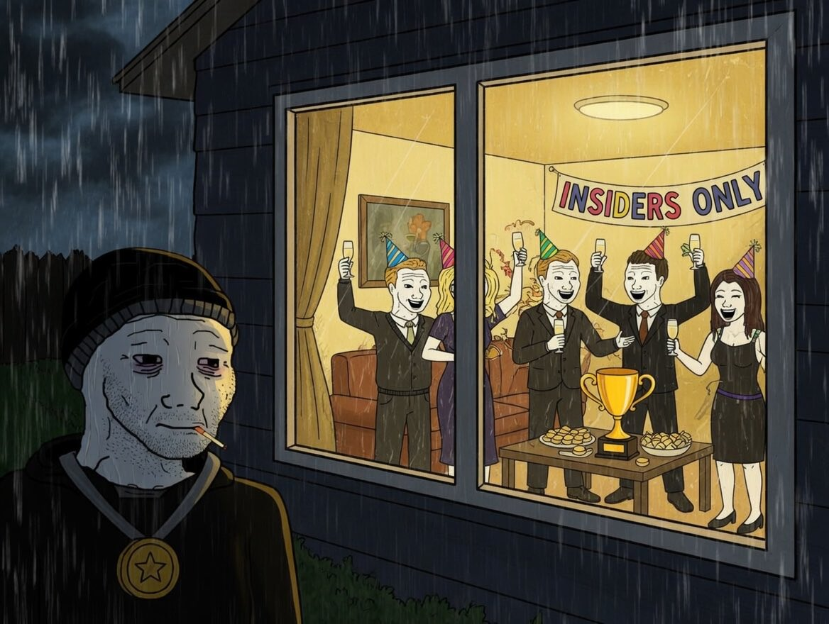 Outsider standing in the rain outside an 'Insiders Only' party